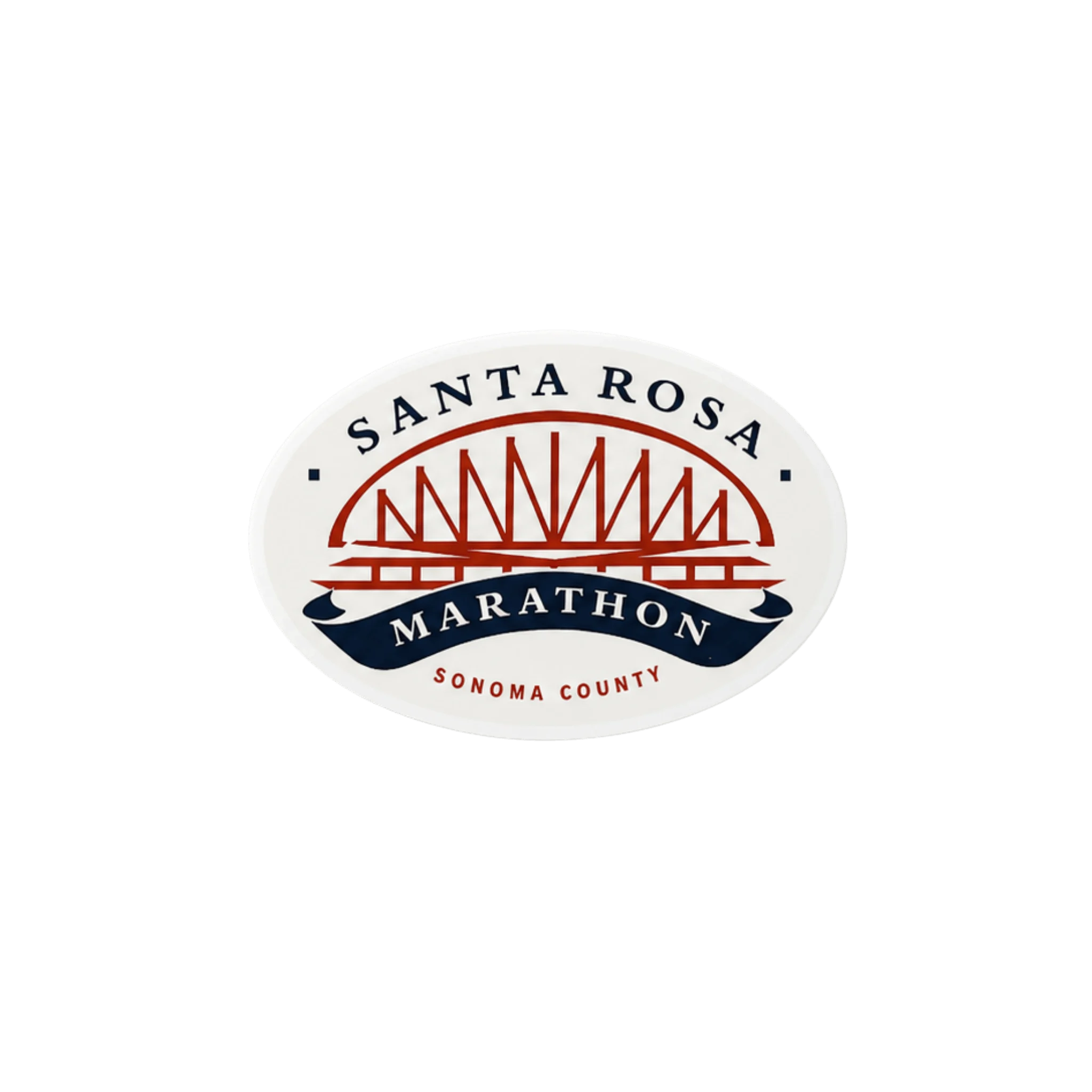 An oval white sticker featuring the Santa Rosa Marathon logo with a red bridge graphic and navy blue text