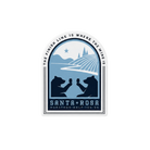 A die-cut sticker featuring a stylized Santa Rosa Marathon graphic with two bears clinking wine glasses, a vineyard, and the text 'THE FINISH LINE IS WHERE THE WINE IS' and 'SANTA ROSA MARATHON HALF 10K 5K'.