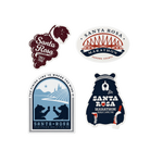 Four Santa Rosa Marathon themed stickers including a grape cluster design, an oval bridge graphic, an archway finish-line illustration, and a bear 