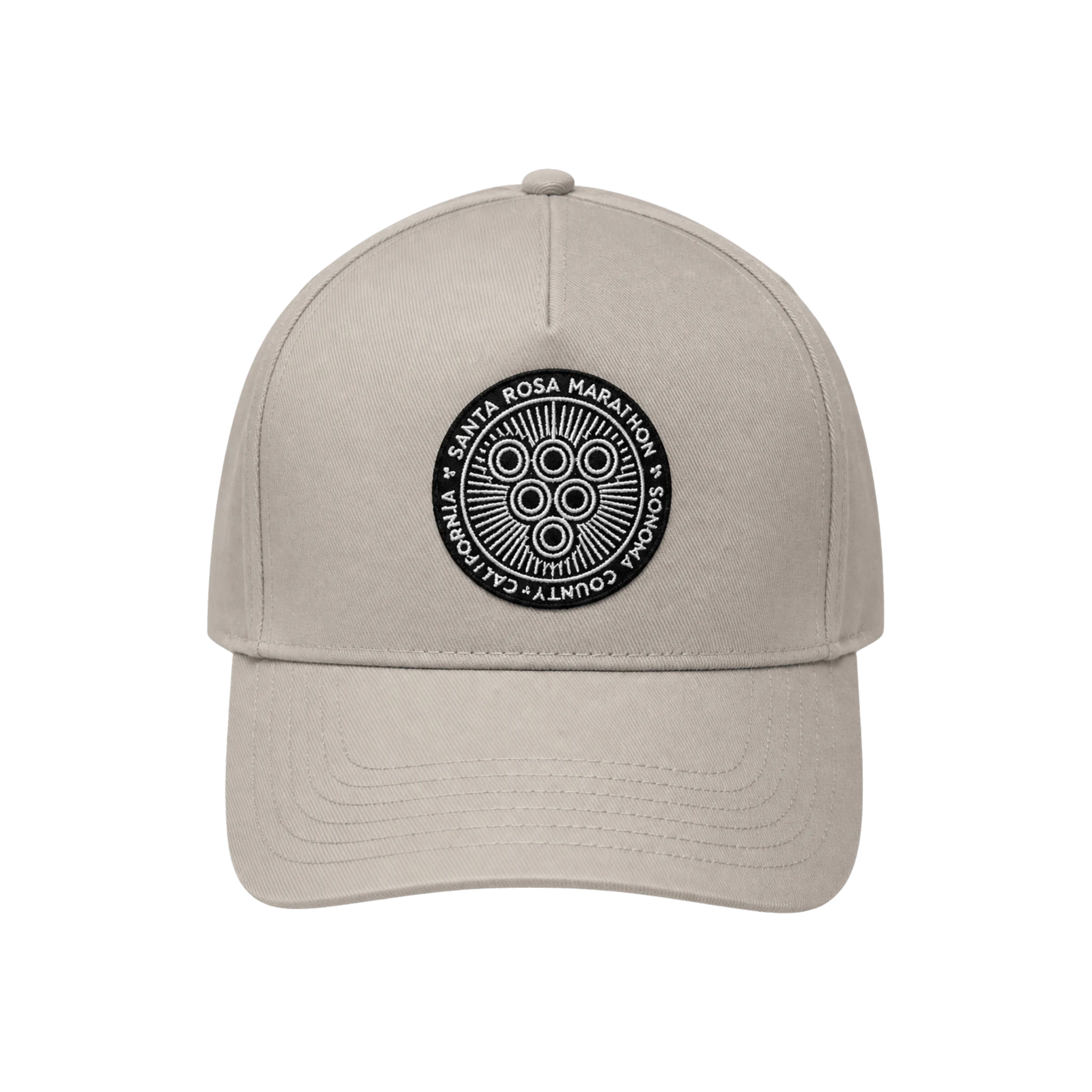 Beige cap with black circular Santa Rosa Marathon logo