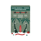 Packaging of Santa Monica Venice Christmas Run bib fasteners with festive designs and text
