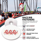 Race bib fastener with 'ho ho ho' text in front of a festive background with informational text