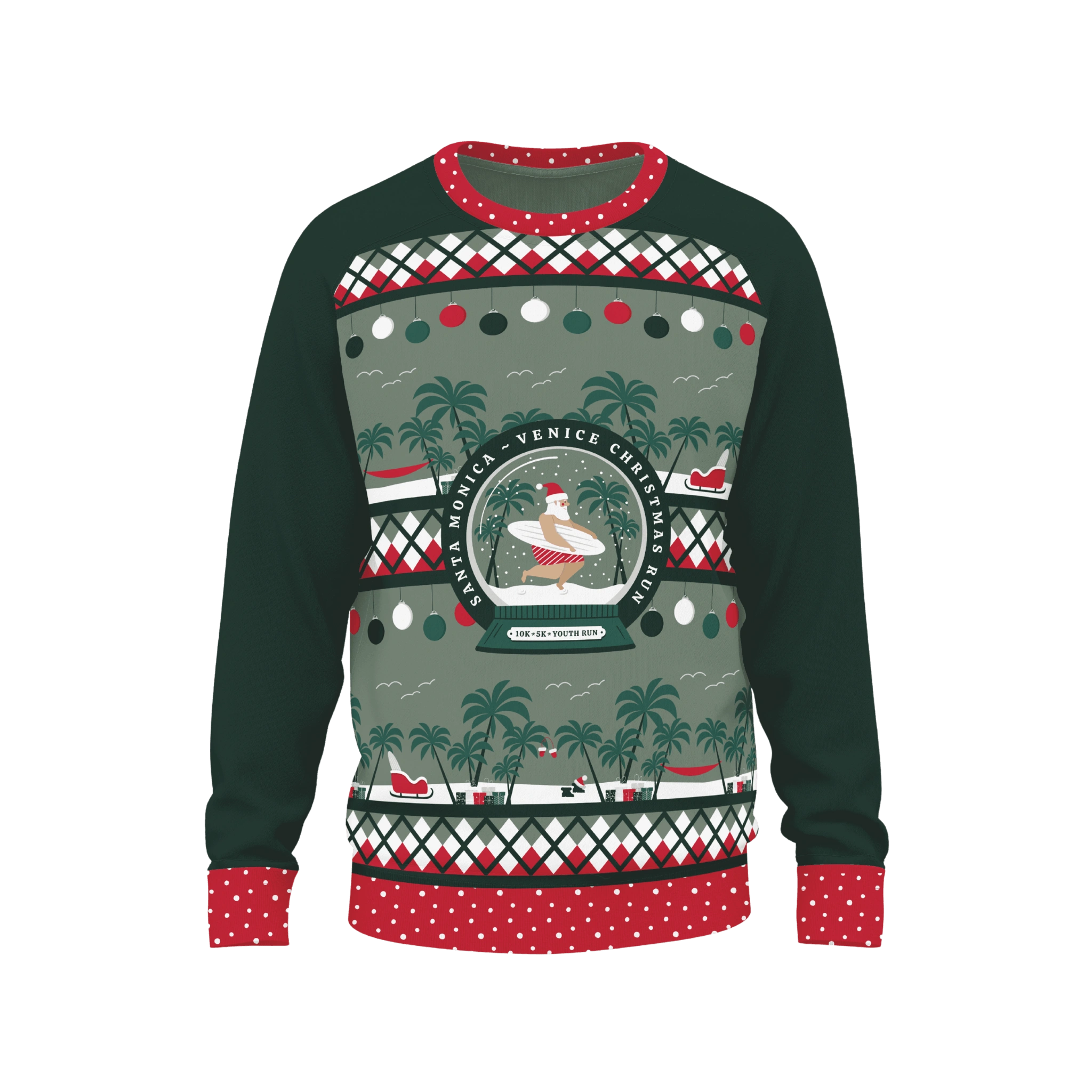 Red and green sweater with santa surfer and Santa Monica Christmas Run text