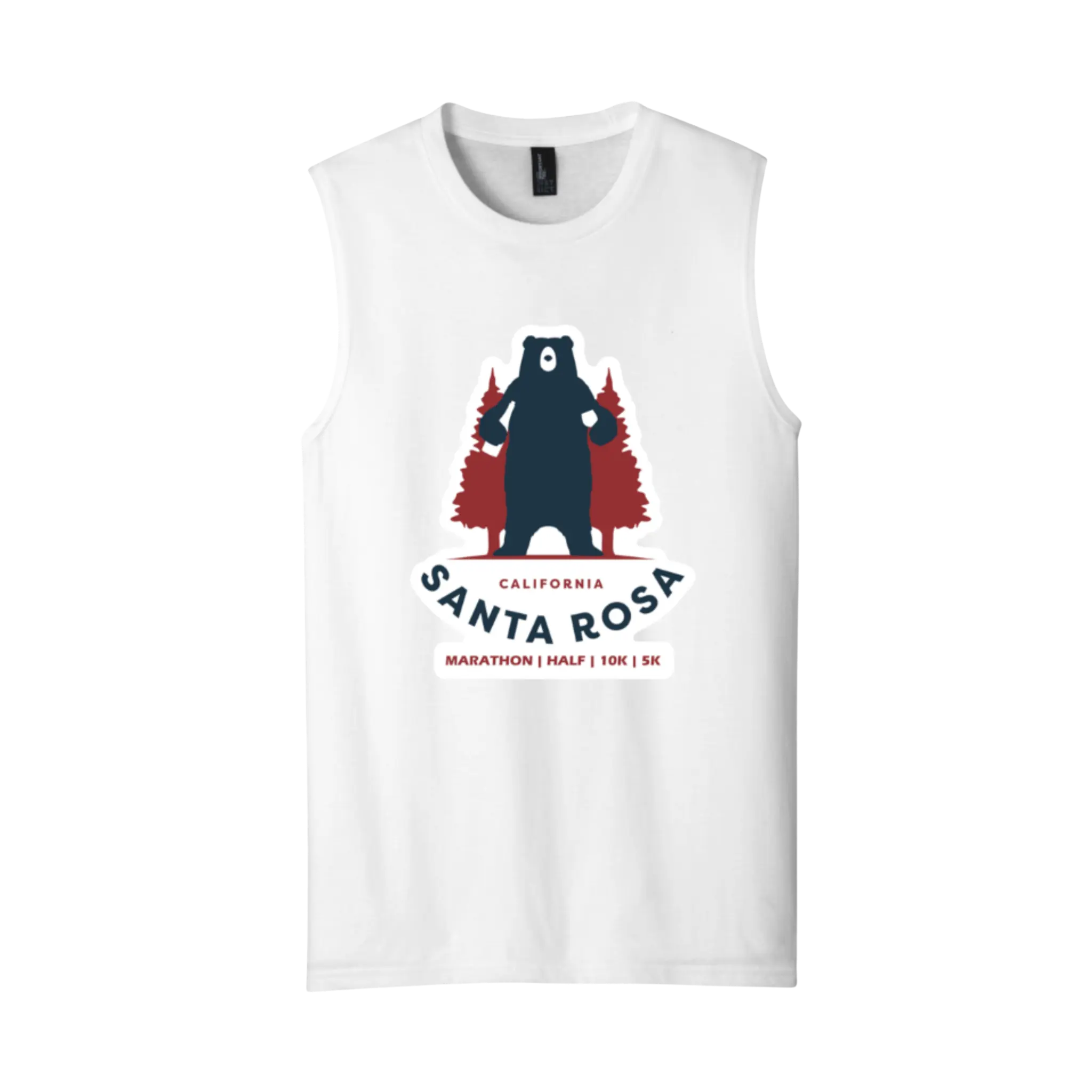 White sleeveless shirt with bear graphic and Santa Rosa Marathon text 