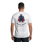 Person wearing a white t-shirt with a bear graphic and Santa Rosa Marathon text