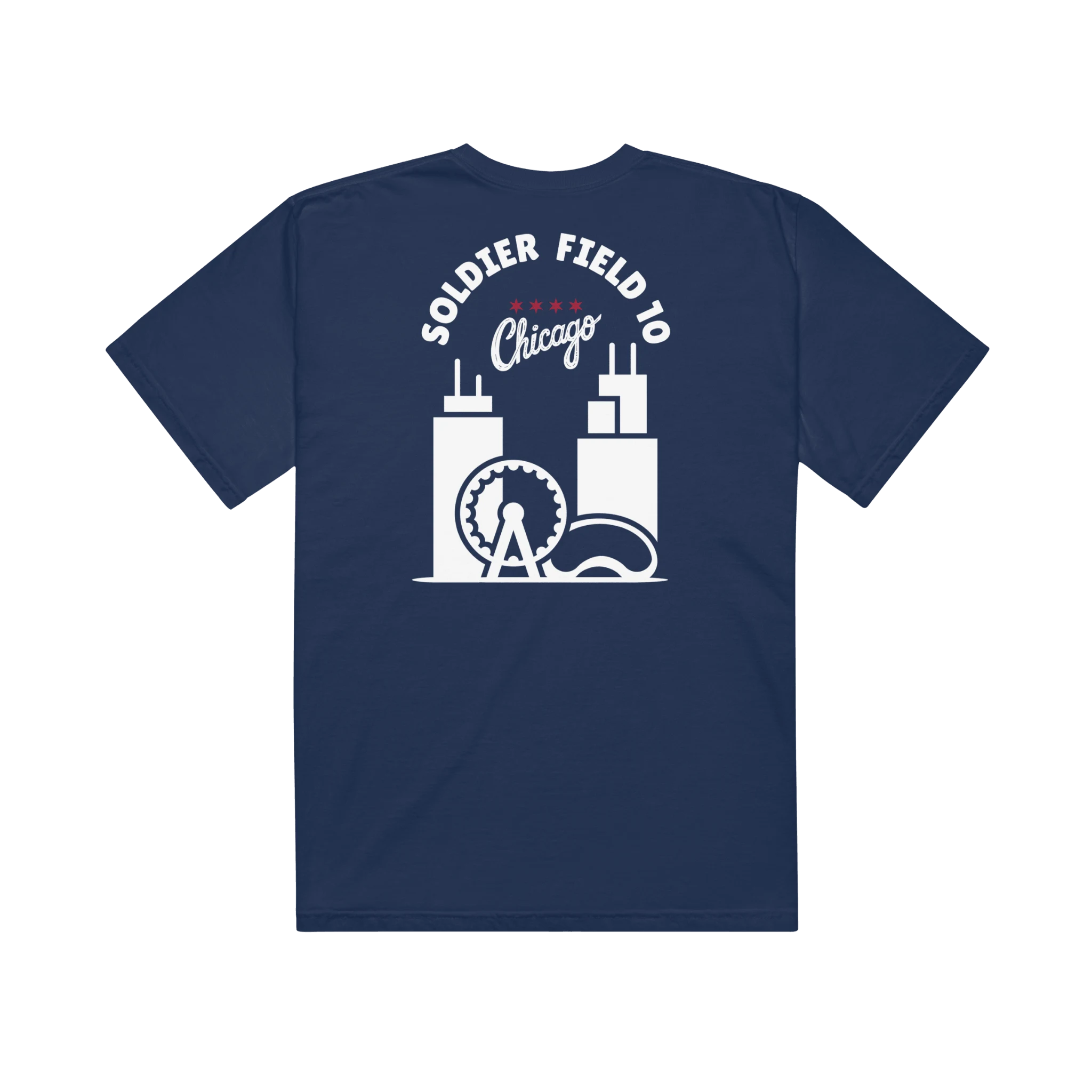 Navy blue t-shirt with white graphic Soldier Field 10 Chicago design