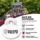 Race bib fasteners with Soldier Field 10 branding and race bib display background