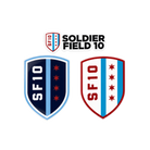 Three stickers with Soldier Field 10 and SF10 text on red, white and blue shield designs