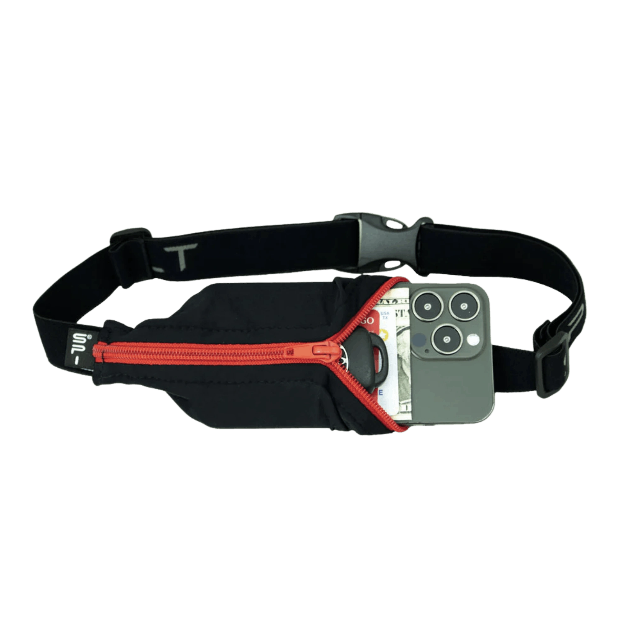 Black waist bag with red zipper holding a smartphone