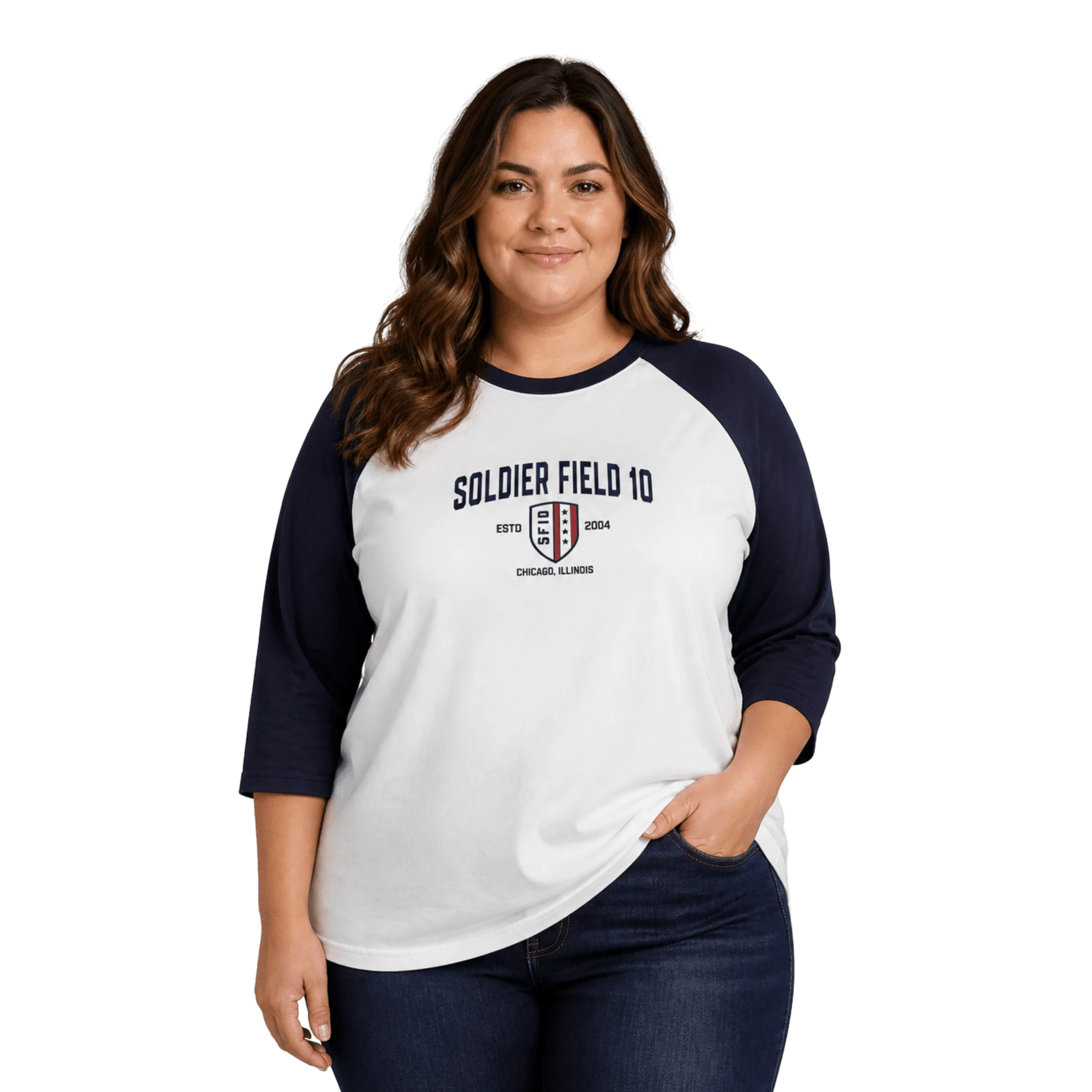 Woman wearing a white and navy baseball shirt with 'Soldier Field 10' text