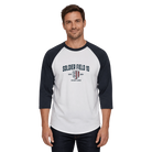 Man wearing a navy and white baseball shirt with 'Soldier Field 10' text