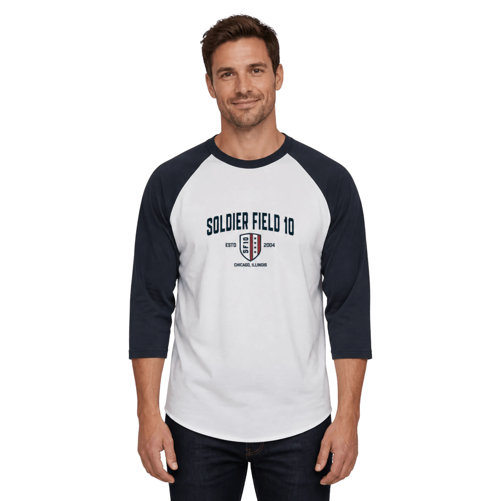 Man wearing a navy and white baseball shirt with 'Soldier Field 10' text