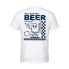 Back of a white t-shirt with a graphic of a beer mug running and Will Run for Beer text