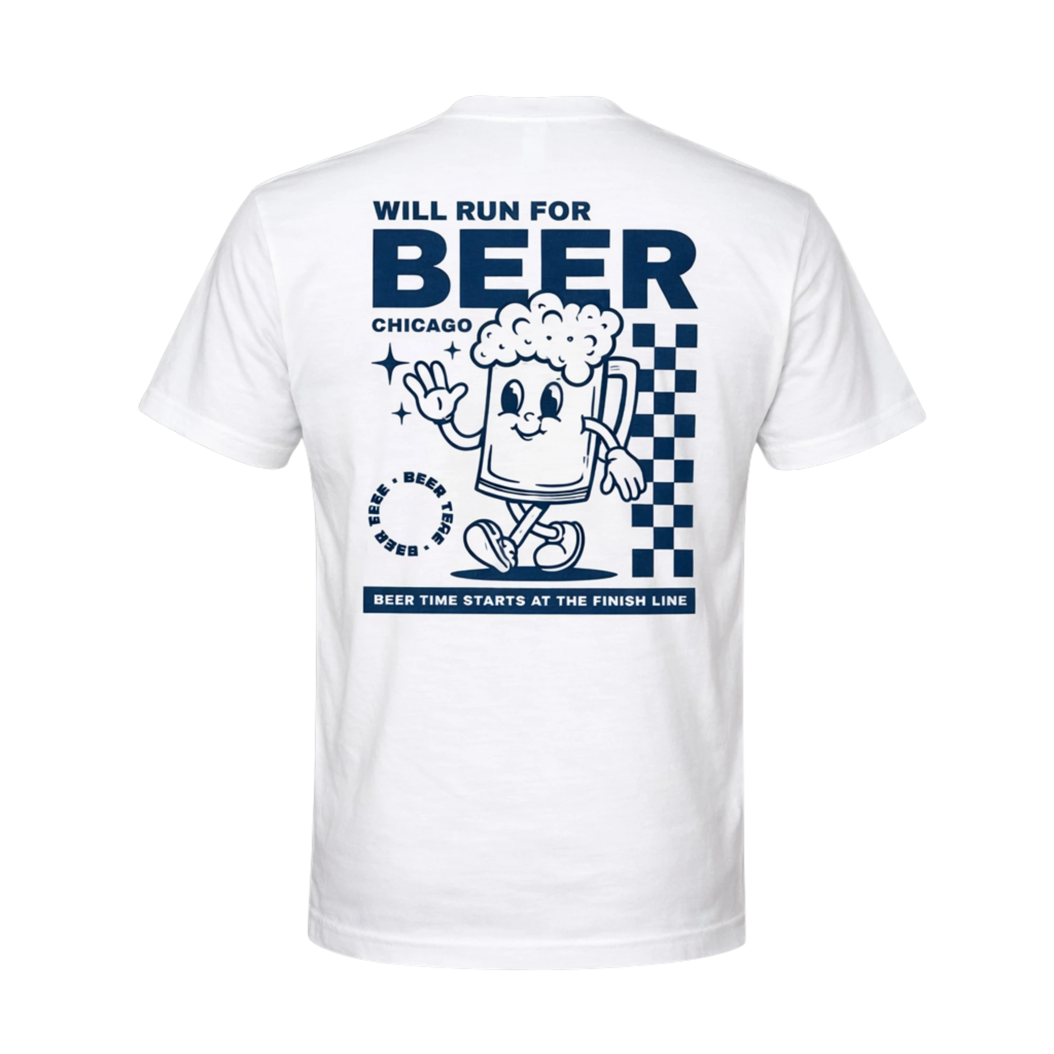 Back of a white t-shirt with a graphic of a beer mug running and Will Run for Beer text