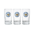 Three clear glasses with 'Will Run for Beer' logo
