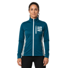 Woman wearing blue jacket with colorful side panels and 'RUN MAG MILE' text with chest pocket