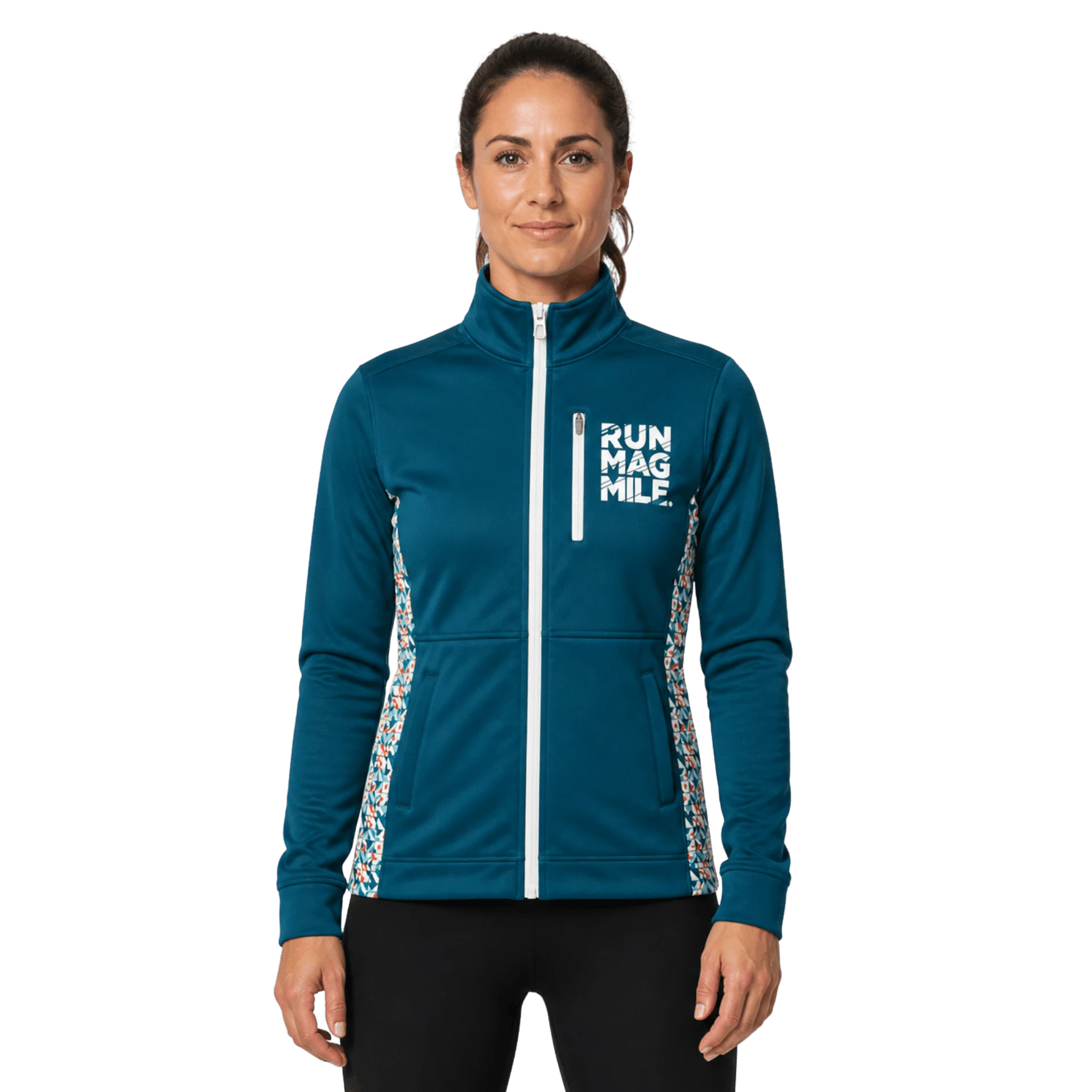Woman wearing blue jacket with colorful side panels and 'RUN MAG MILE' text with chest pocket
