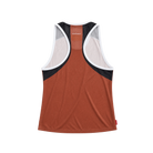 A women's athletic tank top shown from the back, featuring a rust-orange body, navy blue mesh and solid side panels and white trim