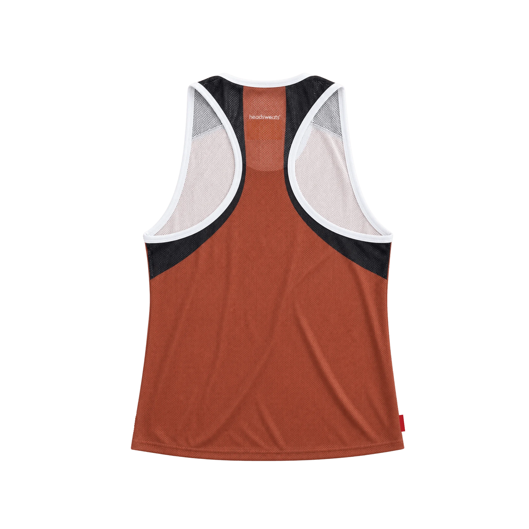 A women's athletic tank top shown from the back, featuring a rust-orange body, navy blue mesh and solid side panels and white trim