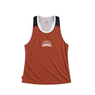 A rust-orange athletic tank top with navy blue shoulder panels, white trim, and a white Santa Rosa Marathon chest logo