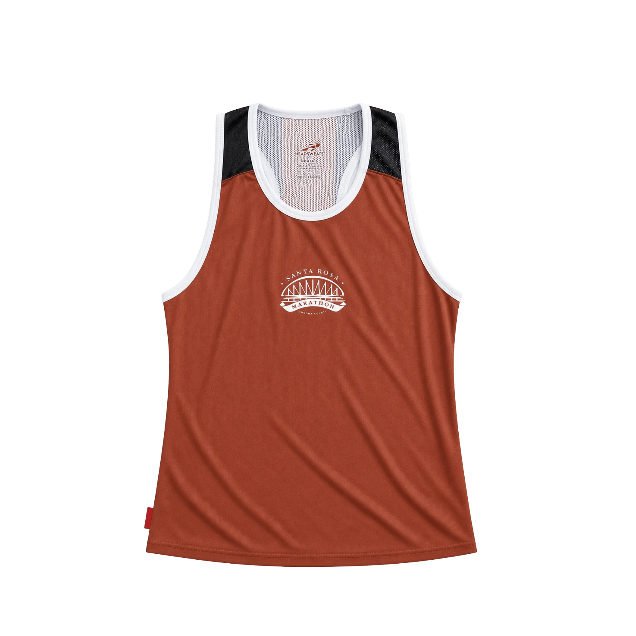 A rust-orange athletic tank top with navy blue shoulder panels, white trim, and a white Santa Rosa Marathon chest logo