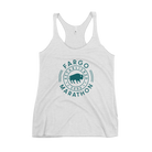 A women's white tank top with chest print that reads 'Fargo Marathon' surrounded by a circular blue and green design with a bison