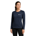 Woman wearing a navy long-sleeve shirt with a Milwaukee Marathon logo