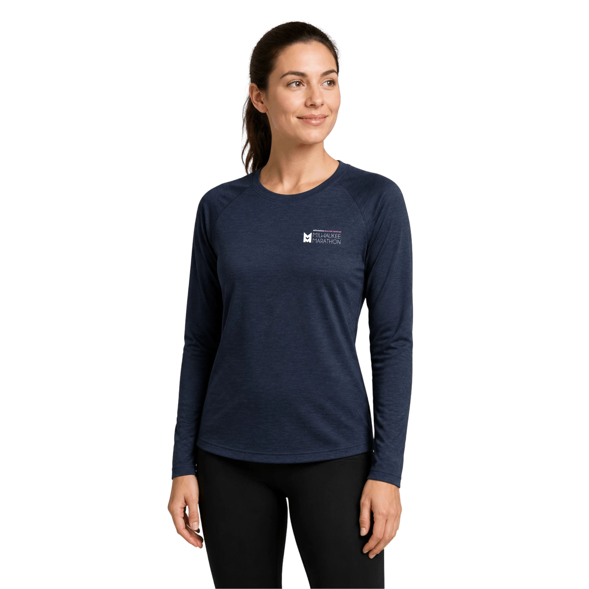 Woman wearing a navy long-sleeve shirt with a Milwaukee Marathon logo