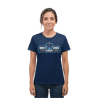 Woman wearing a navy blue t-shirt with 'North Shore Classic' logo