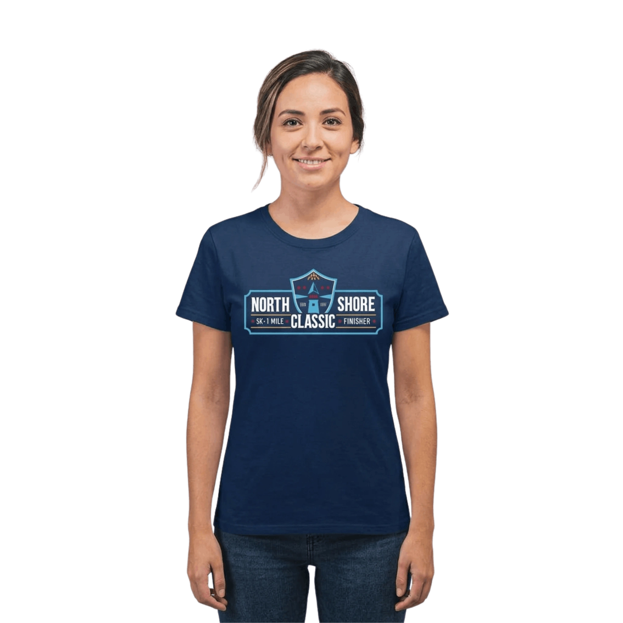 Woman wearing a navy blue t-shirt with 'North Shore Classic' logo