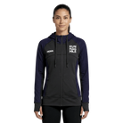 Woman wearing a black and purple hoodie with 'Hoka' and 'Run Mag Mile' logos