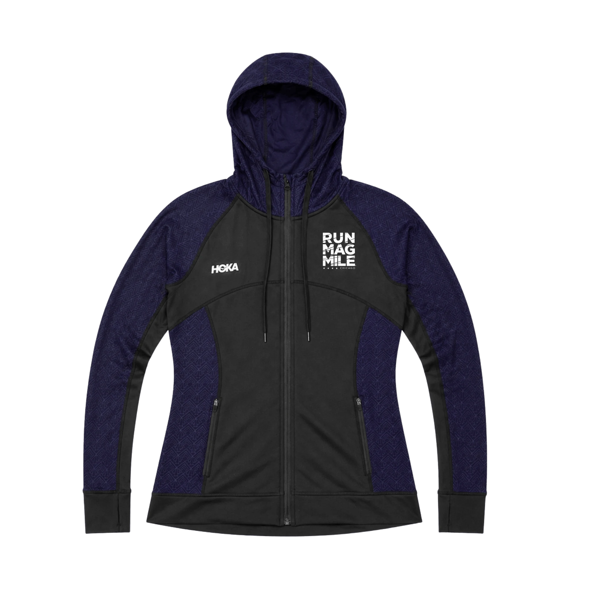 Black and purple hoodie with 'Hoka' and 'Run Mag Mile' logos