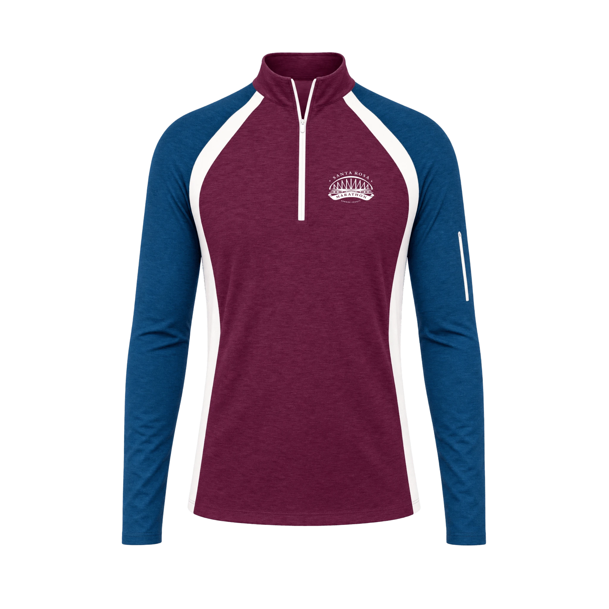 Maroon quarter zip with Santa Rosa Marathon chest logo and blue sleeves with white accents
