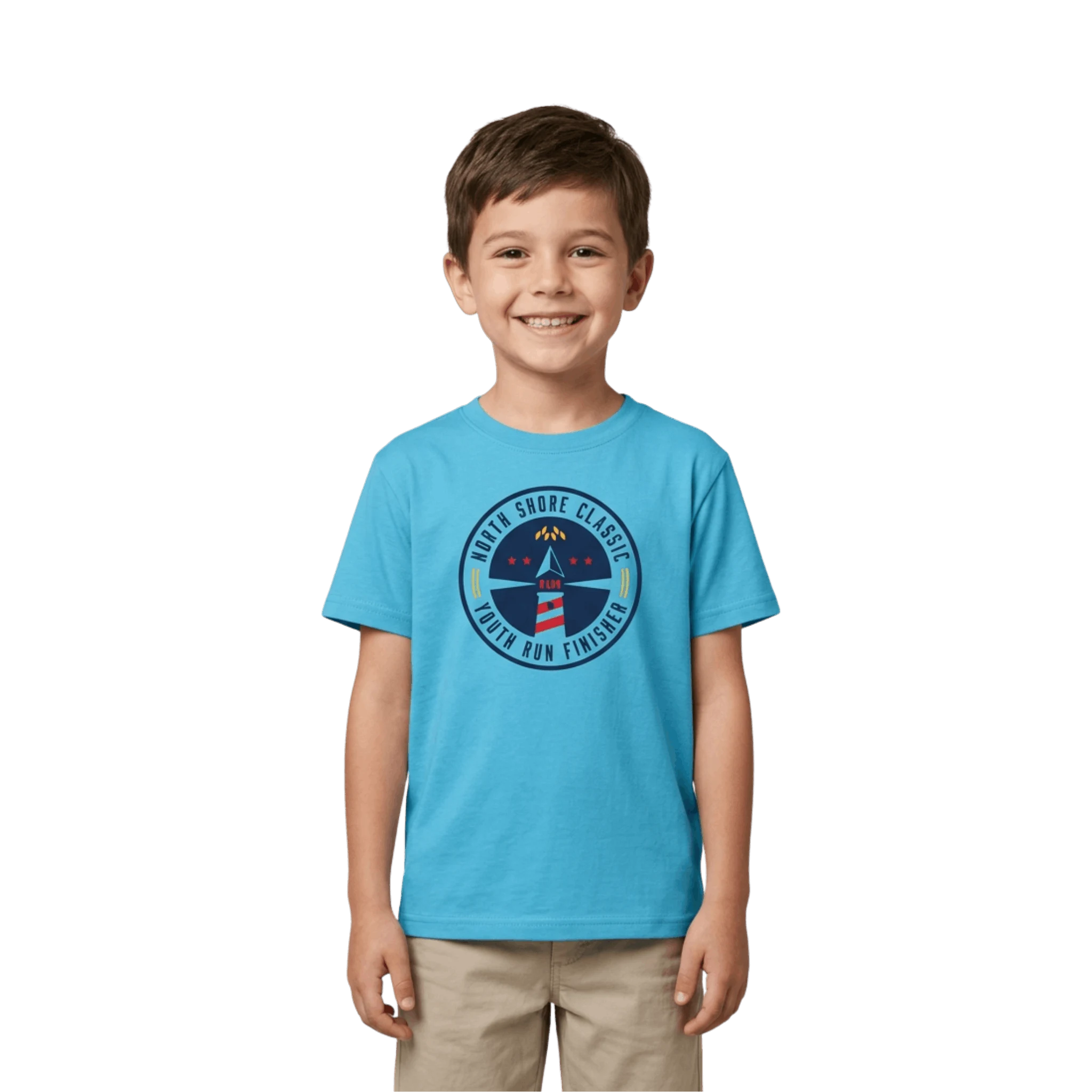 Child wearing a blue t-shirt with a North Shore Classic graphic