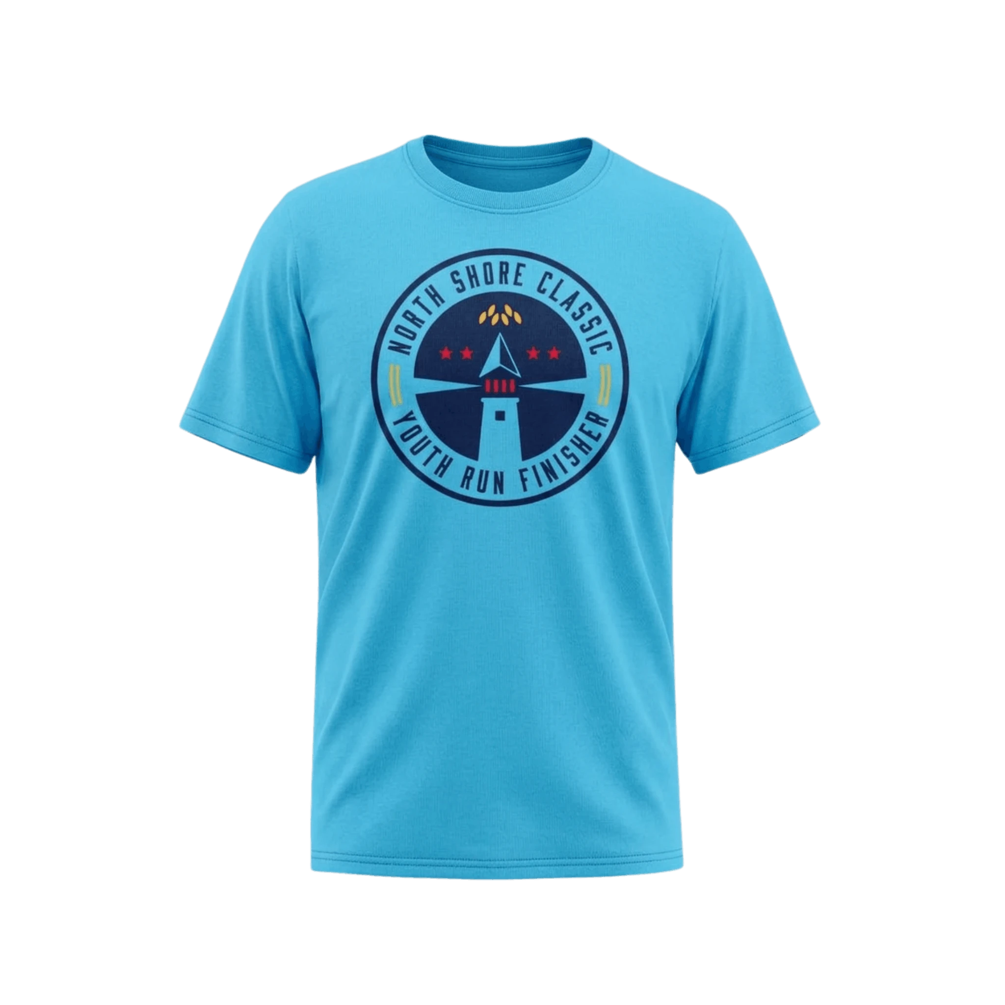 Blue t-shirt with a 'North shore Classic' text and lighthouse graphic